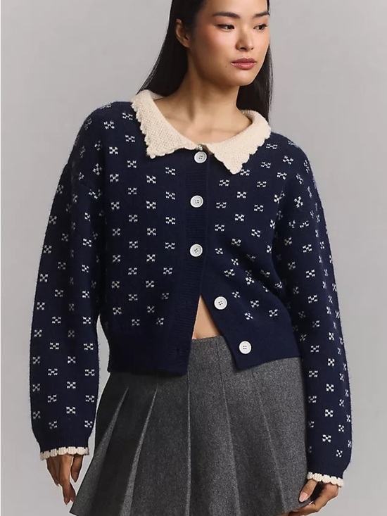 &merci Sweaters - &merci Navy Blue Cropped Cardigan Sweater White Scalloped Collar & Bow Pattern L